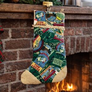 Rustic‎ Fishing Lodge Christmas Stocking Bobber Lure Vintage Blend Burlap
